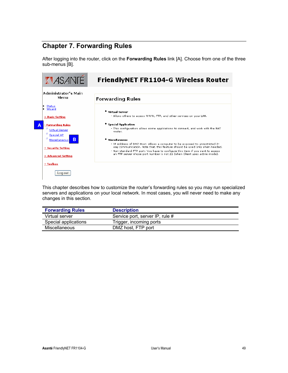 Chapter 7. forwarding rules | Asante Technologies FR1104-G User Manual | Page 49 / 83