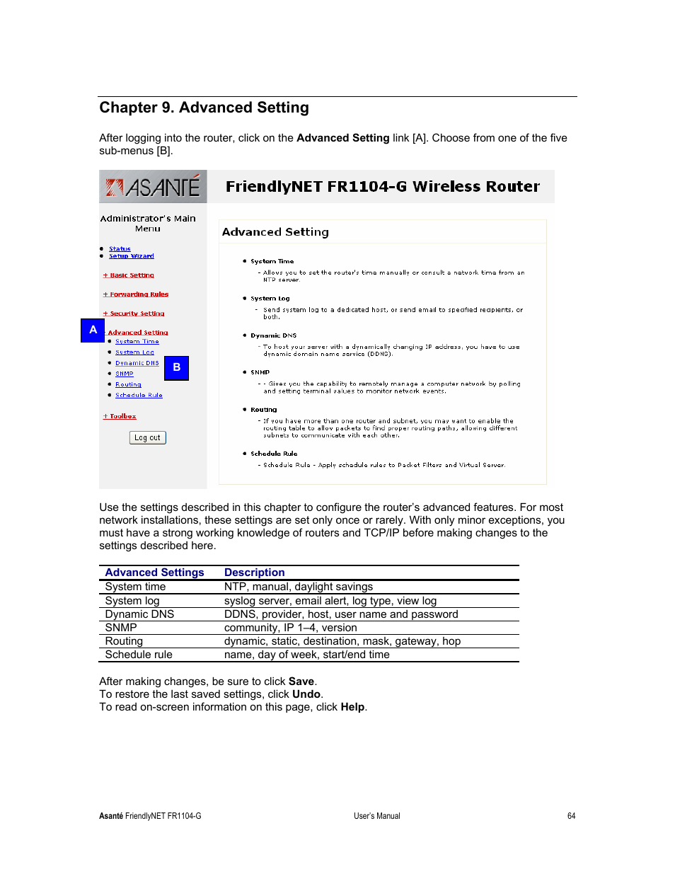 Chapter 9. advanced setting | Asante Technologies FR1104-G User Manual | Page 64 / 83