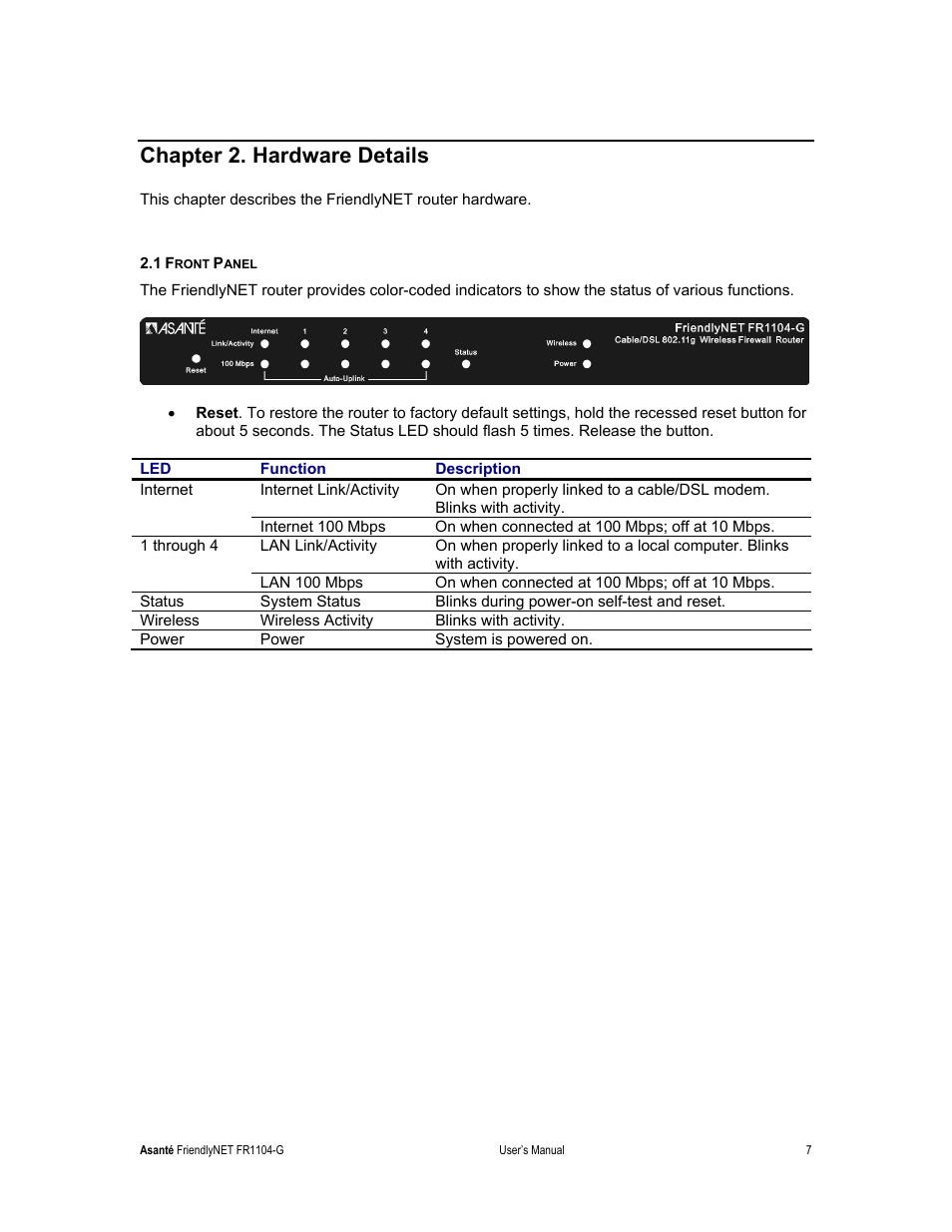 Chapter 2. hardware details | Asante Technologies FR1104-G User Manual | Page 7 / 83