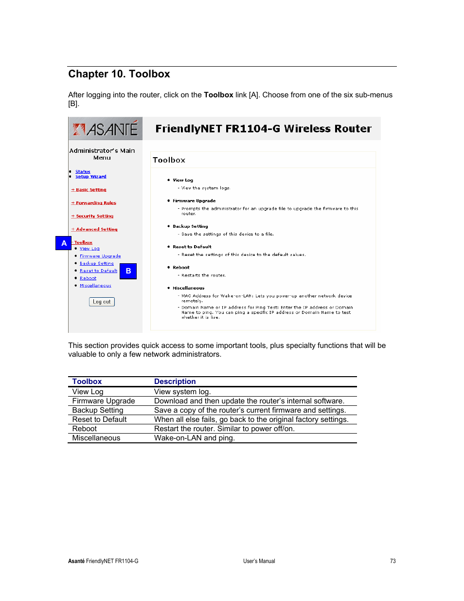 Chapter 10. toolbox | Asante Technologies FR1104-G User Manual | Page 73 / 83