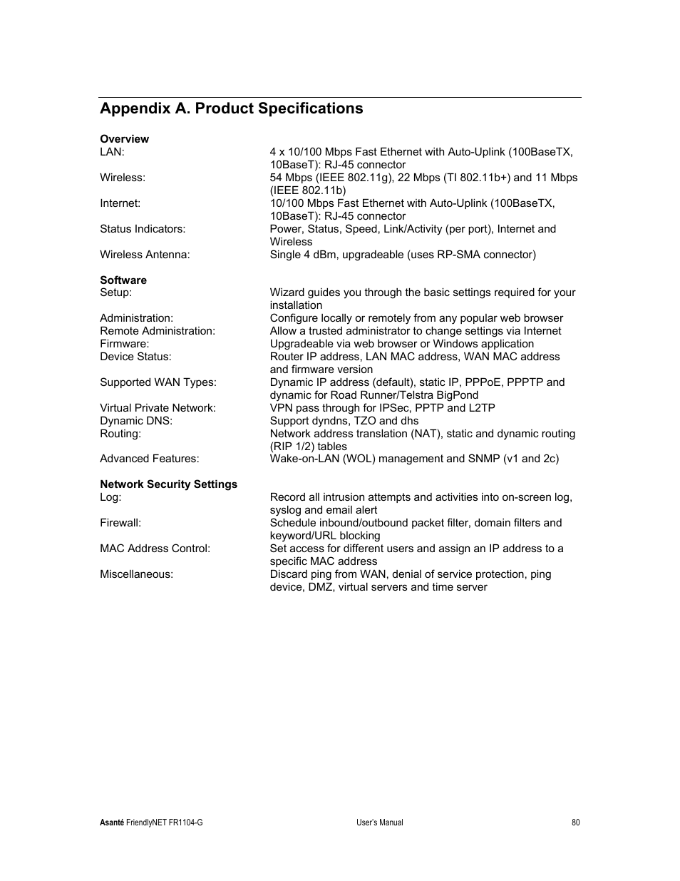 Appendix a. product specifications | Asante Technologies FR1104-G User Manual | Page 80 / 83