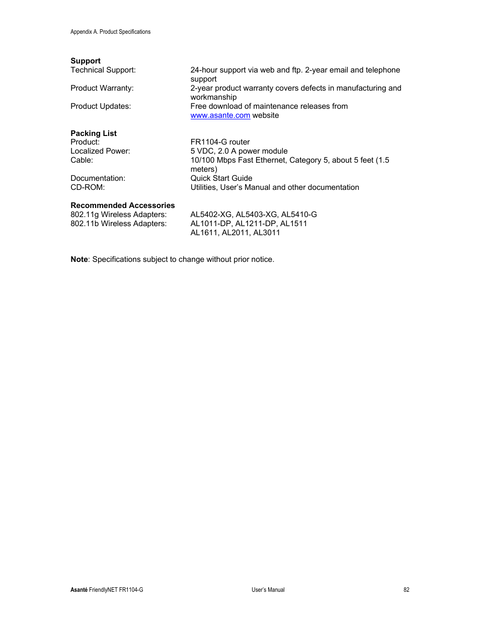 Asante Technologies FR1104-G User Manual | Page 82 / 83