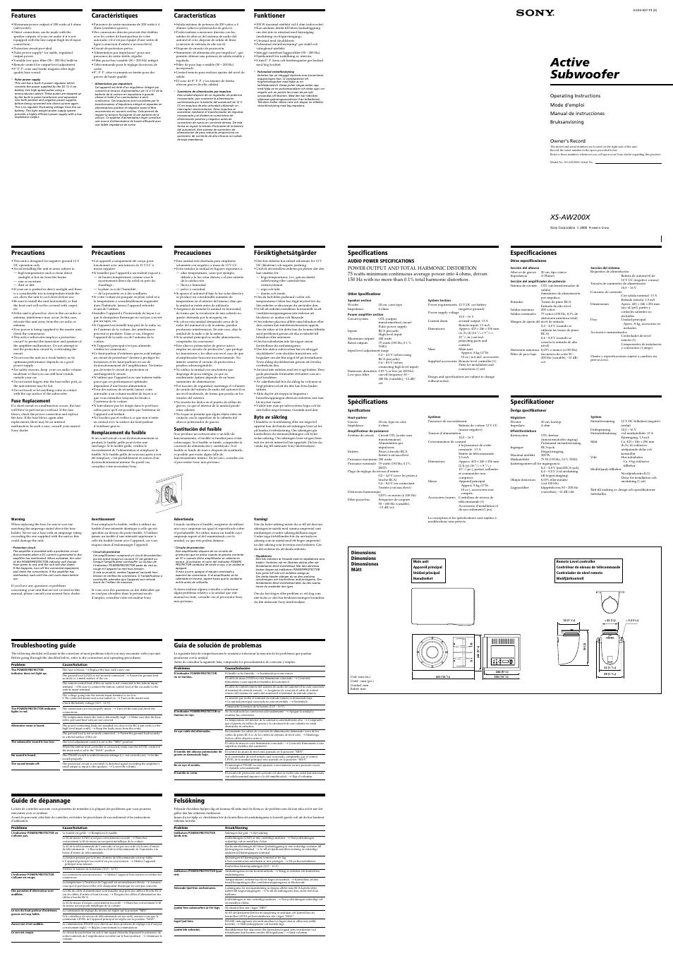 Sony XS-AW200X User Manual | 2 pages