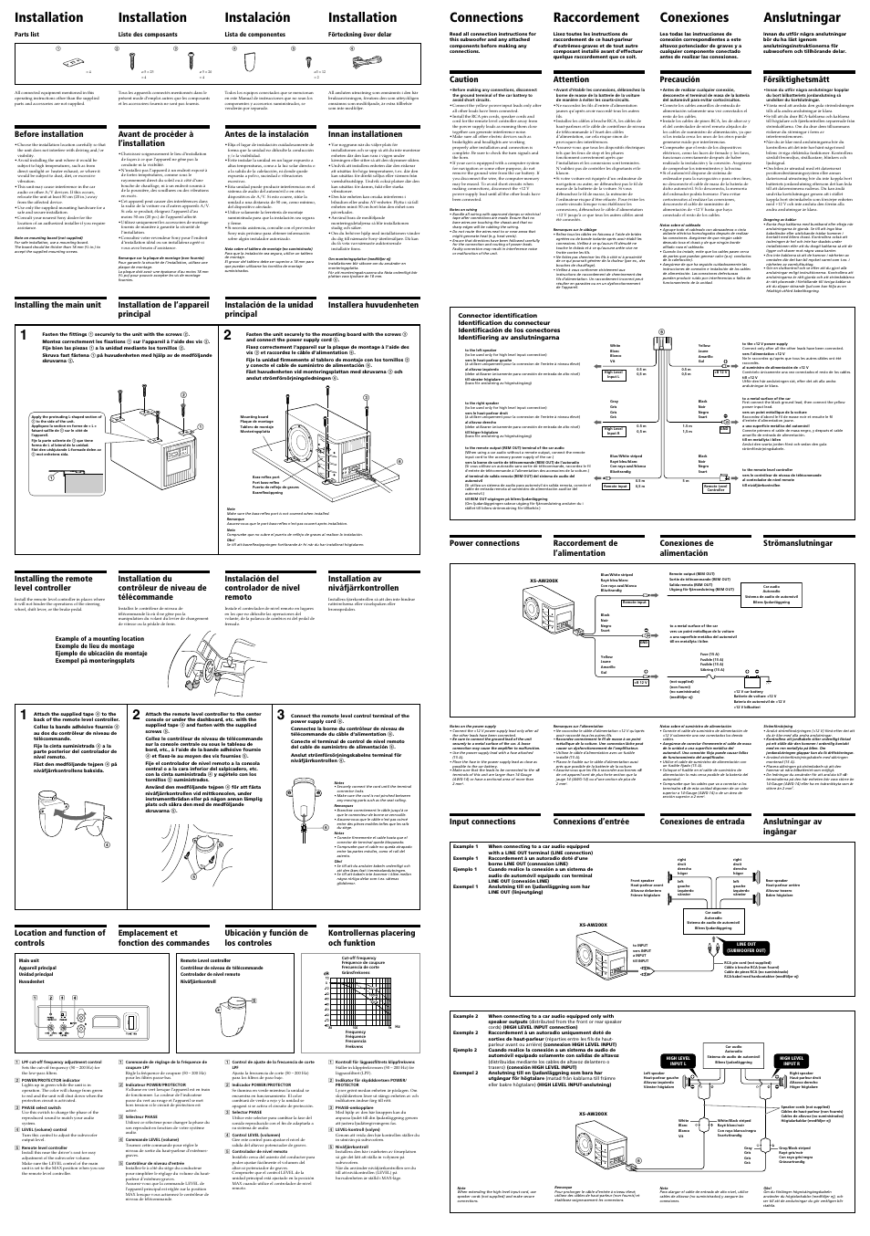 Installation, Installation instalación installation, Connections | Raccordement, Conexiones, Anslutningar, Before installation, Installing the main unit, Installing the remote level controller, Instalación del controlador de nivel remoto | Sony XS-AW200X User Manual | Page 2 / 2