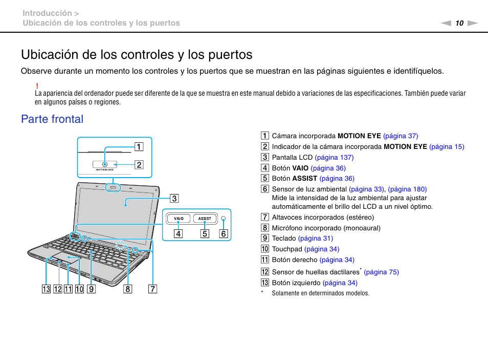 Ubicación de los controles y los puertos, Parte frontal | Sony VPCS11G7E User Manual | Page 10 / 196