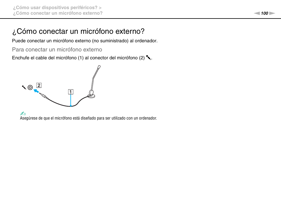 Cómo conectar un micrófono externo | Sony VPCS11G7E User Manual | Page 100 / 196