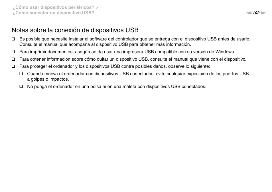 Notas sobre la conexión de dispositivos usb | Sony VPCS11G7E User Manual | Page 102 / 196