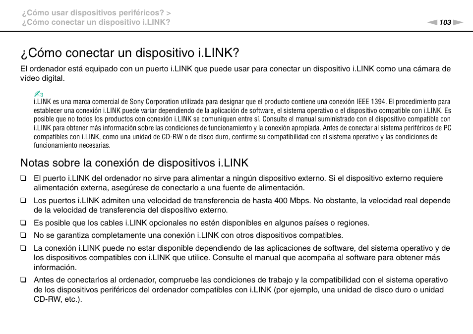 Cómo conectar un dispositivo i.link, Notas sobre la conexión de dispositivos i.link | Sony VPCS11G7E User Manual | Page 103 / 196