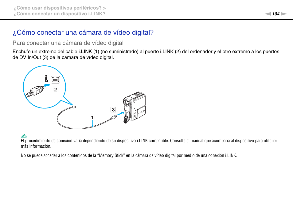 Cómo conectar una cámara de vídeo digital | Sony VPCS11G7E User Manual | Page 104 / 196