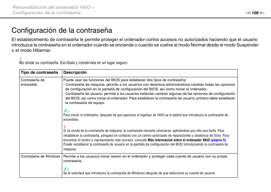 Configuración de la contraseña | Sony VPCS11G7E User Manual | Page 106 / 196