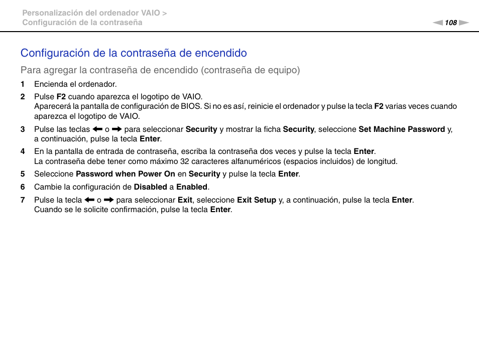 Configuración de la contraseña de encendido | Sony VPCS11G7E User Manual | Page 108 / 196