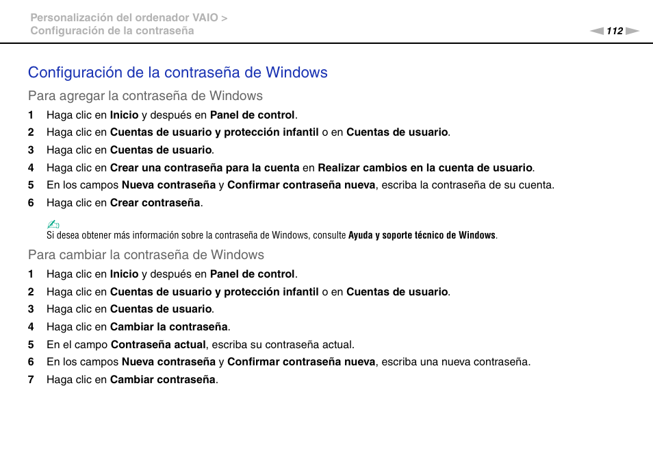 Configuración de la contraseña de windows | Sony VPCS11G7E User Manual | Page 112 / 196