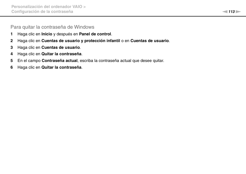 Para quitar la contraseña de windows | Sony VPCS11G7E User Manual | Page 113 / 196