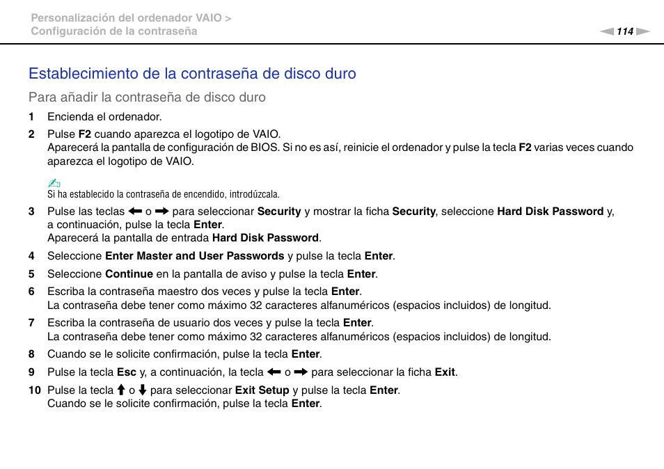 Establecimiento de la contraseña de disco duro, Para añadir la contraseña de disco duro | Sony VPCS11G7E User Manual | Page 114 / 196