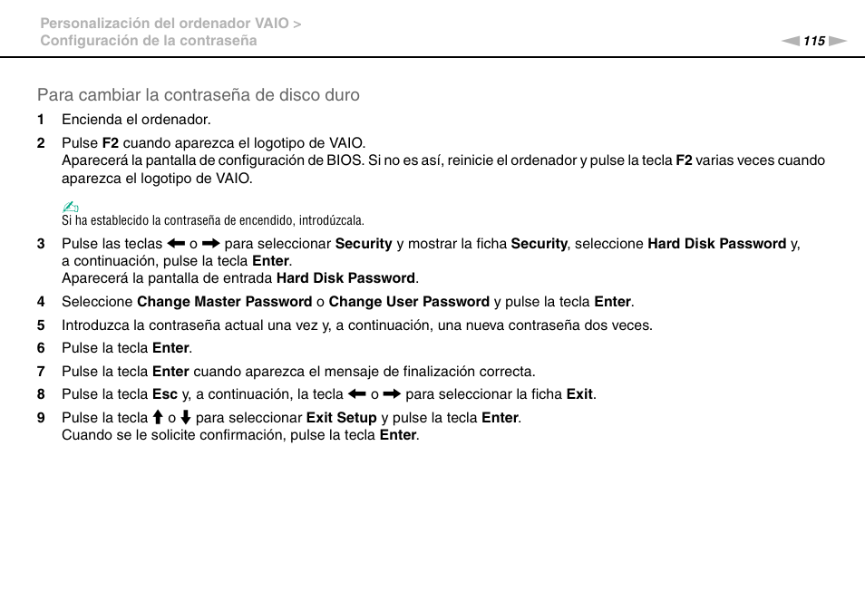 Para cambiar la contraseña de disco duro | Sony VPCS11G7E User Manual | Page 115 / 196