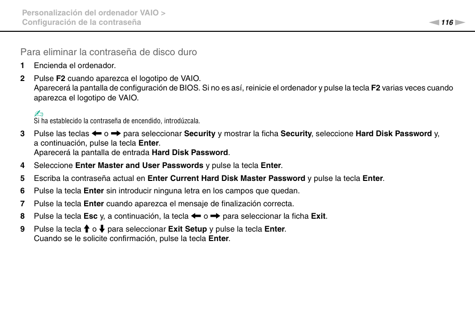 Para eliminar la contraseña de disco duro | Sony VPCS11G7E User Manual | Page 116 / 196