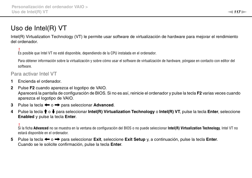 Uso de intel(r) vt, Para activar intel vt | Sony VPCS11G7E User Manual | Page 117 / 196