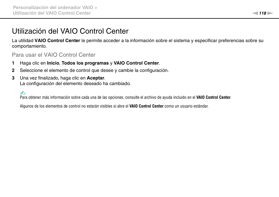 Utilización del vaio control center | Sony VPCS11G7E User Manual | Page 118 / 196