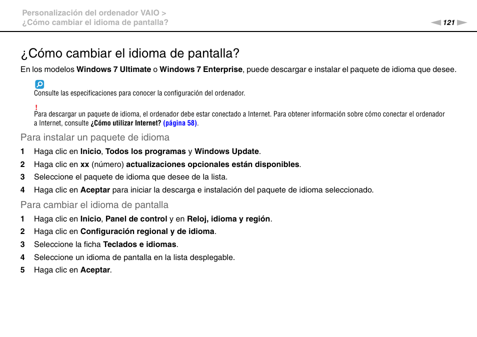 Cómo cambiar el idioma de pantalla, Para instalar un paquete de idioma, Para cambiar el idioma de pantalla | Sony VPCS11G7E User Manual | Page 121 / 196