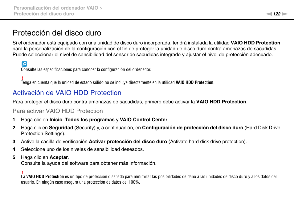 Protección del disco duro, Activación de vaio hdd protection, Para activar vaio hdd protection | Sony VPCS11G7E User Manual | Page 122 / 196