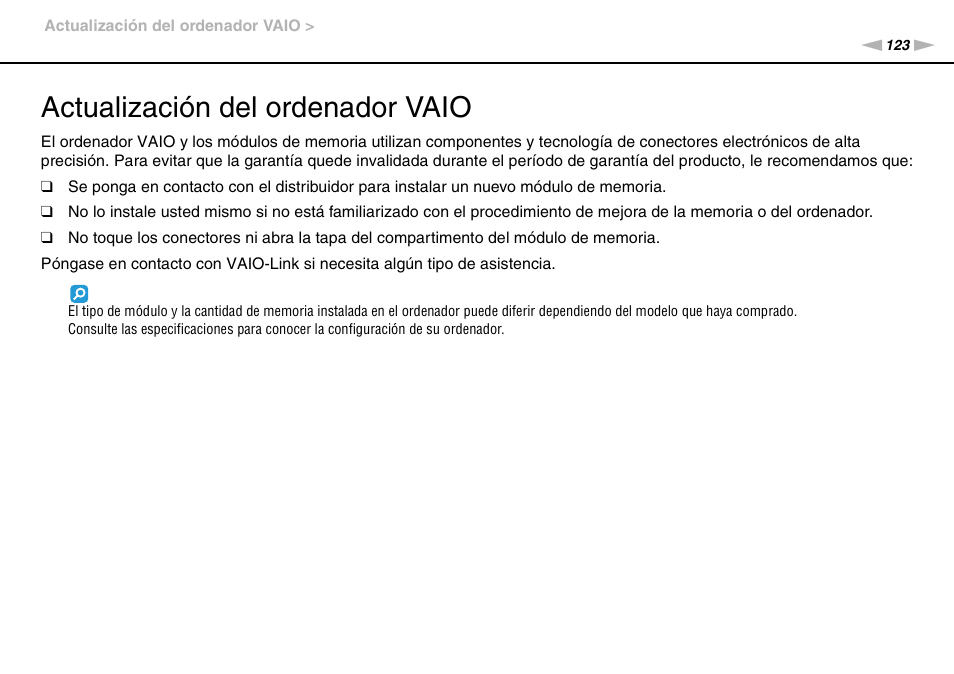 Actualización del ordenador vaio | Sony VPCS11G7E User Manual | Page 123 / 196