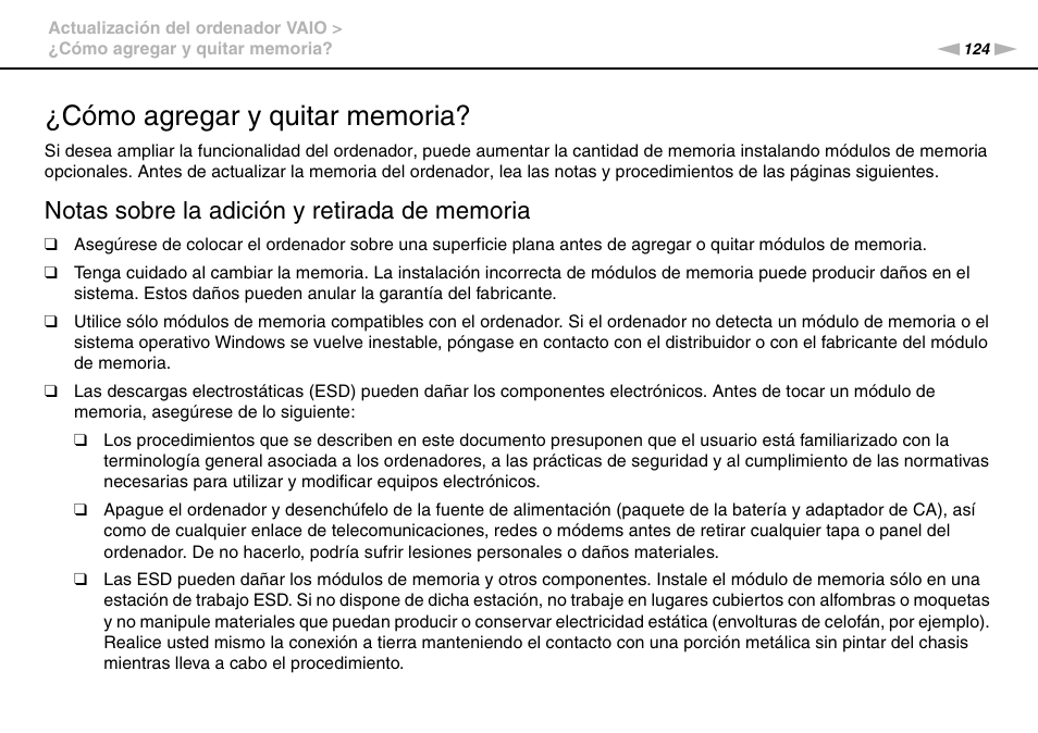 Cómo agregar y quitar memoria | Sony VPCS11G7E User Manual | Page 124 / 196