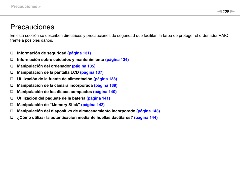 Precauciones | Sony VPCS11G7E User Manual | Page 130 / 196