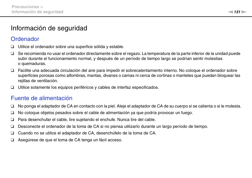 Información de seguridad, Ordenador, Fuente de alimentación | Sony VPCS11G7E User Manual | Page 131 / 196