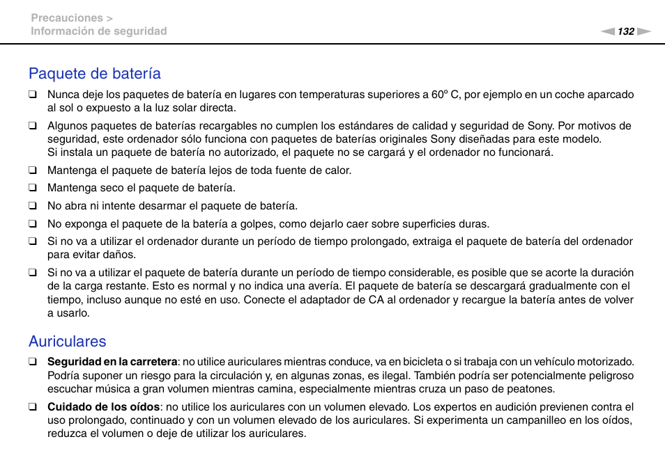 Paquete de batería, Auriculares | Sony VPCS11G7E User Manual | Page 132 / 196