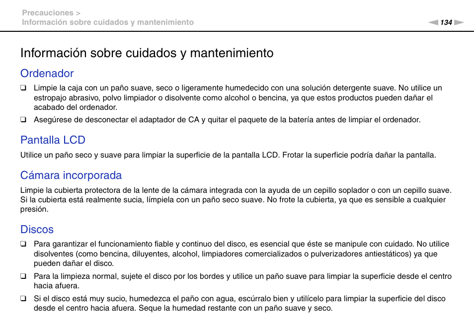 Información sobre cuidados y mantenimiento, Ordenador, Pantalla lcd | Cámara incorporada, Discos | Sony VPCS11G7E User Manual | Page 134 / 196