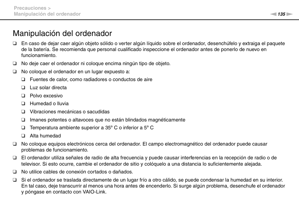 Manipulación del ordenador | Sony VPCS11G7E User Manual | Page 135 / 196