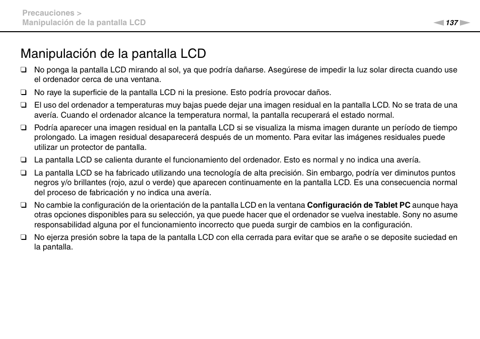 Manipulación de la pantalla lcd | Sony VPCS11G7E User Manual | Page 137 / 196