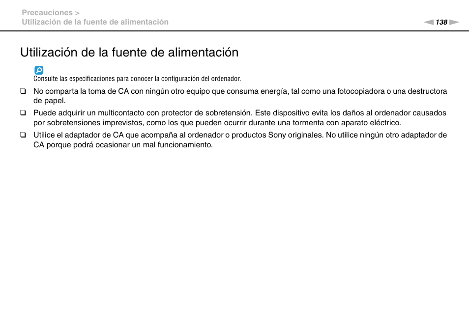 Utilización de la fuente de alimentación | Sony VPCS11G7E User Manual | Page 138 / 196