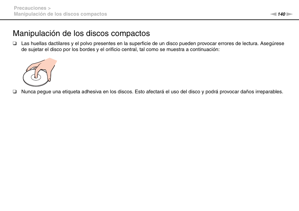 Manipulación de los discos compactos | Sony VPCS11G7E User Manual | Page 140 / 196