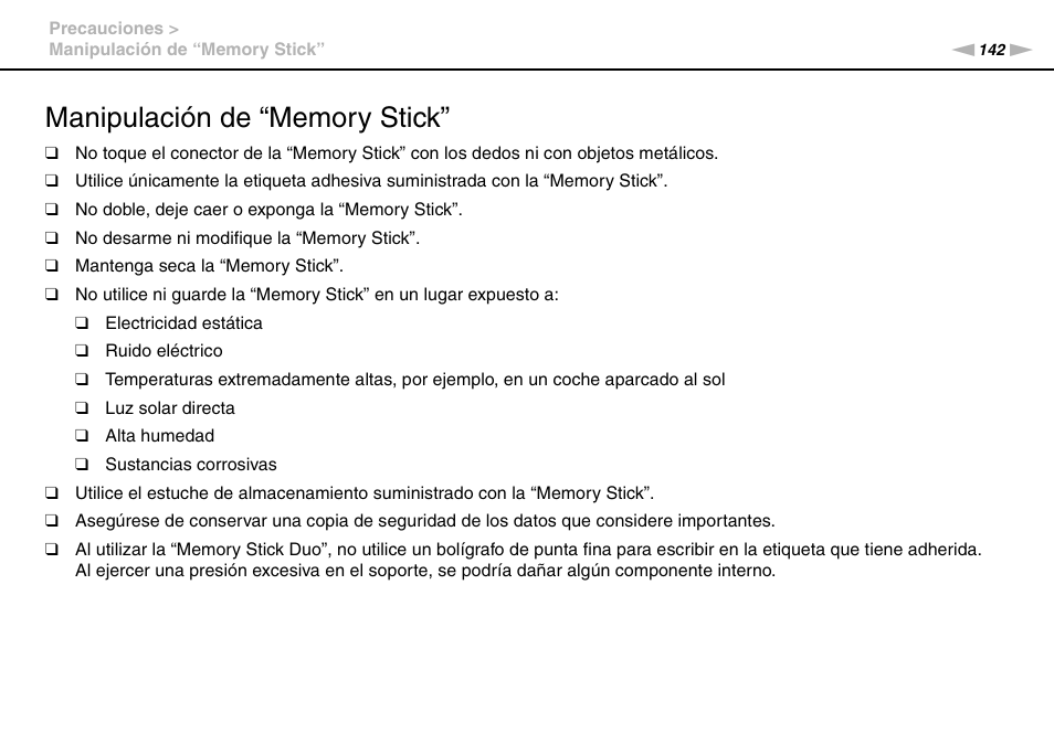 Manipulación de “memory stick | Sony VPCS11G7E User Manual | Page 142 / 196