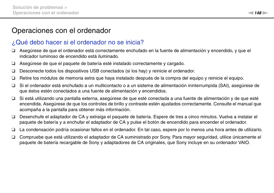 Operaciones con el ordenador, Qué debo hacer si el ordenador no se inicia | Sony VPCS11G7E User Manual | Page 148 / 196