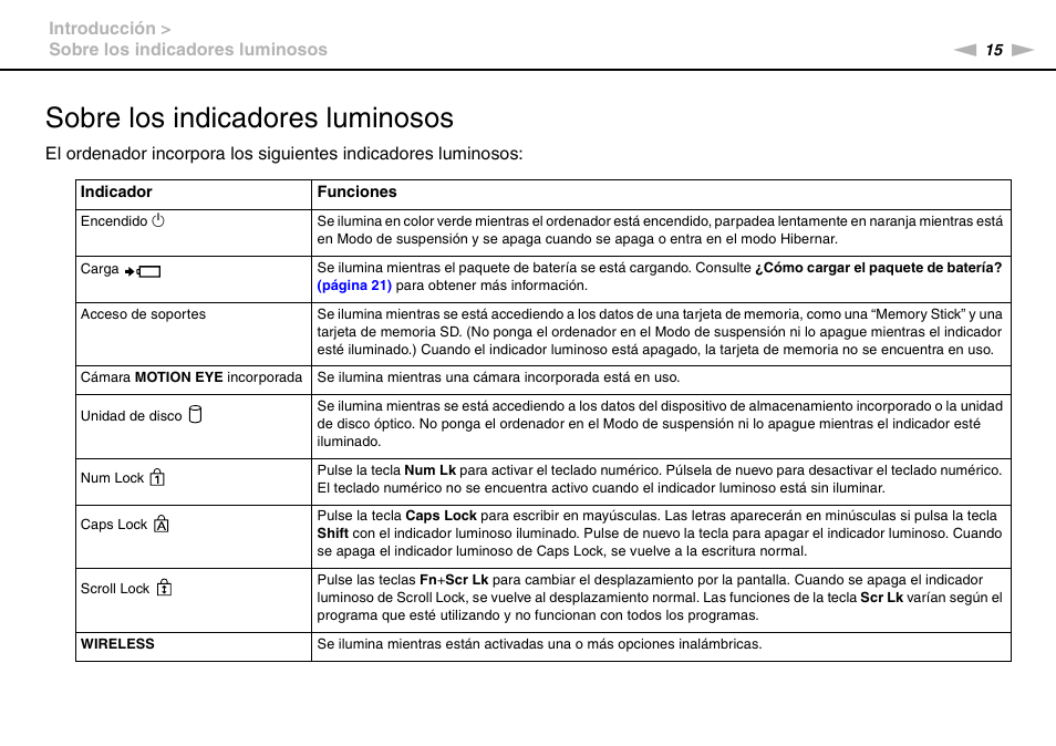Sobre los indicadores luminosos | Sony VPCS11G7E User Manual | Page 15 / 196