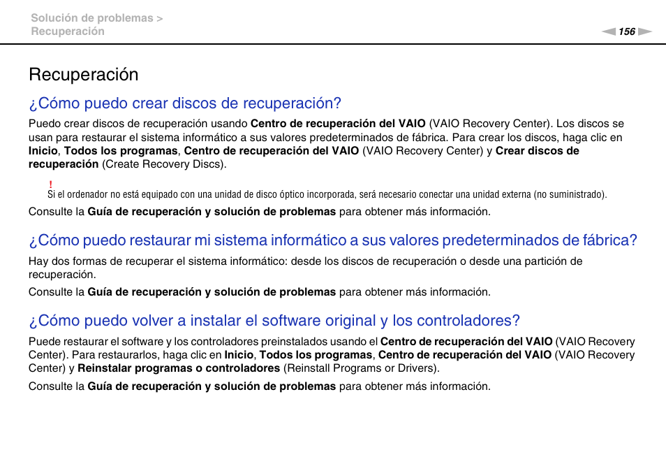 Recuperación, Cómo puedo crear discos de recuperación | Sony VPCS11G7E User Manual | Page 156 / 196