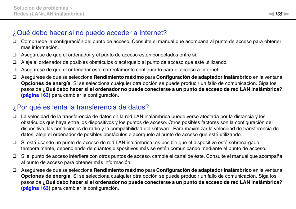 Qué debo hacer si no puedo acceder a internet, Por qué es lenta la transferencia de datos | Sony VPCS11G7E User Manual | Page 165 / 196