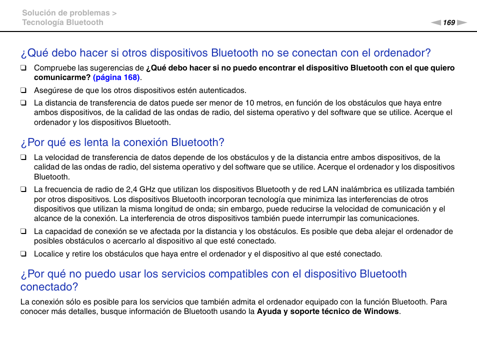 Por qué es lenta la conexión bluetooth | Sony VPCS11G7E User Manual | Page 169 / 196