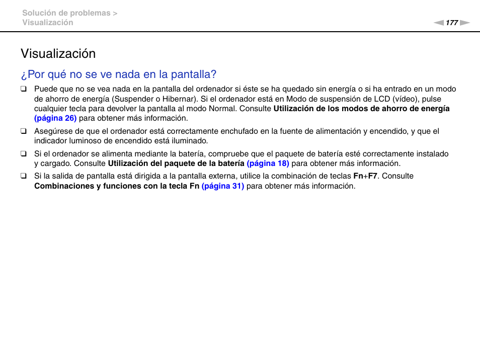 Visualización, Por qué no se ve nada en la pantalla | Sony VPCS11G7E User Manual | Page 177 / 196