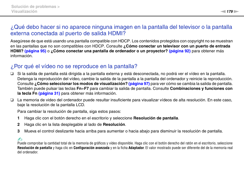 Por qué el vídeo no se reproduce en la pantalla | Sony VPCS11G7E User Manual | Page 179 / 196