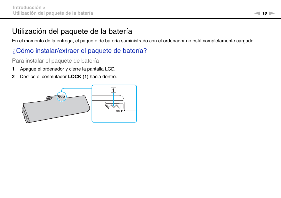 Utilización del paquete de la batería, Cómo instalar/extraer el paquete de batería | Sony VPCS11G7E User Manual | Page 18 / 196