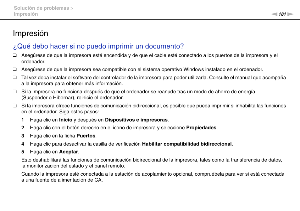Impresión, Qué debo hacer si no puedo imprimir un documento | Sony VPCS11G7E User Manual | Page 181 / 196