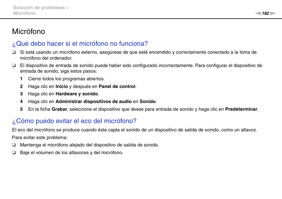 Micrófono, Qué debo hacer si el micrófono no funciona, Cómo puedo evitar el eco del micrófono | Sony VPCS11G7E User Manual | Page 182 / 196