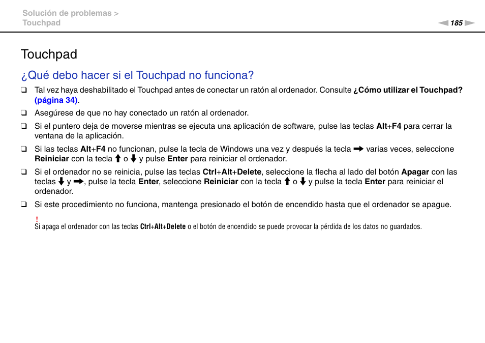 Touchpad, Qué debo hacer si el touchpad no funciona | Sony VPCS11G7E User Manual | Page 185 / 196