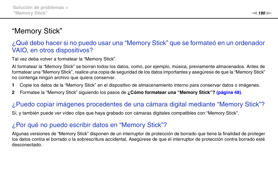 Memory stick | Sony VPCS11G7E User Manual | Page 190 / 196