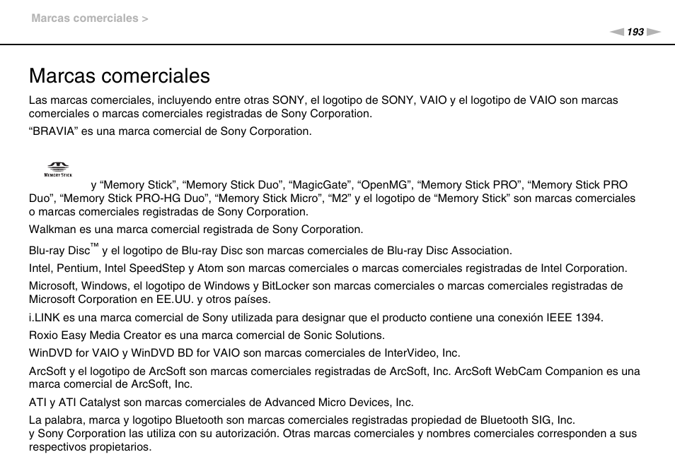 Marcas comerciales | Sony VPCS11G7E User Manual | Page 193 / 196
