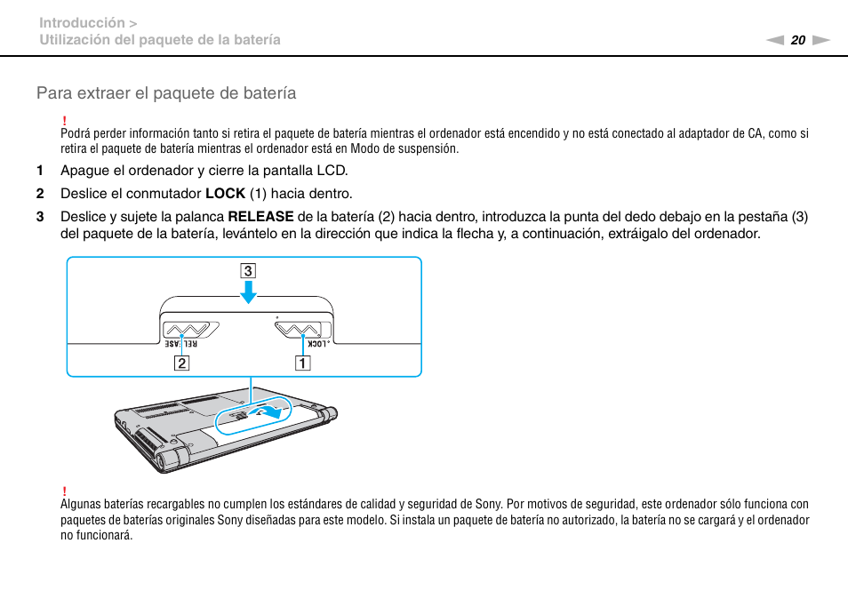 Para extraer el paquete de batería | Sony VPCS11G7E User Manual | Page 20 / 196