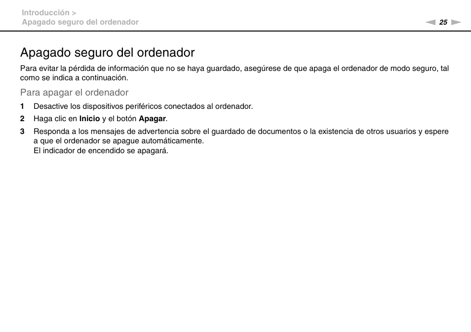 Apagado seguro del ordenador | Sony VPCS11G7E User Manual | Page 25 / 196